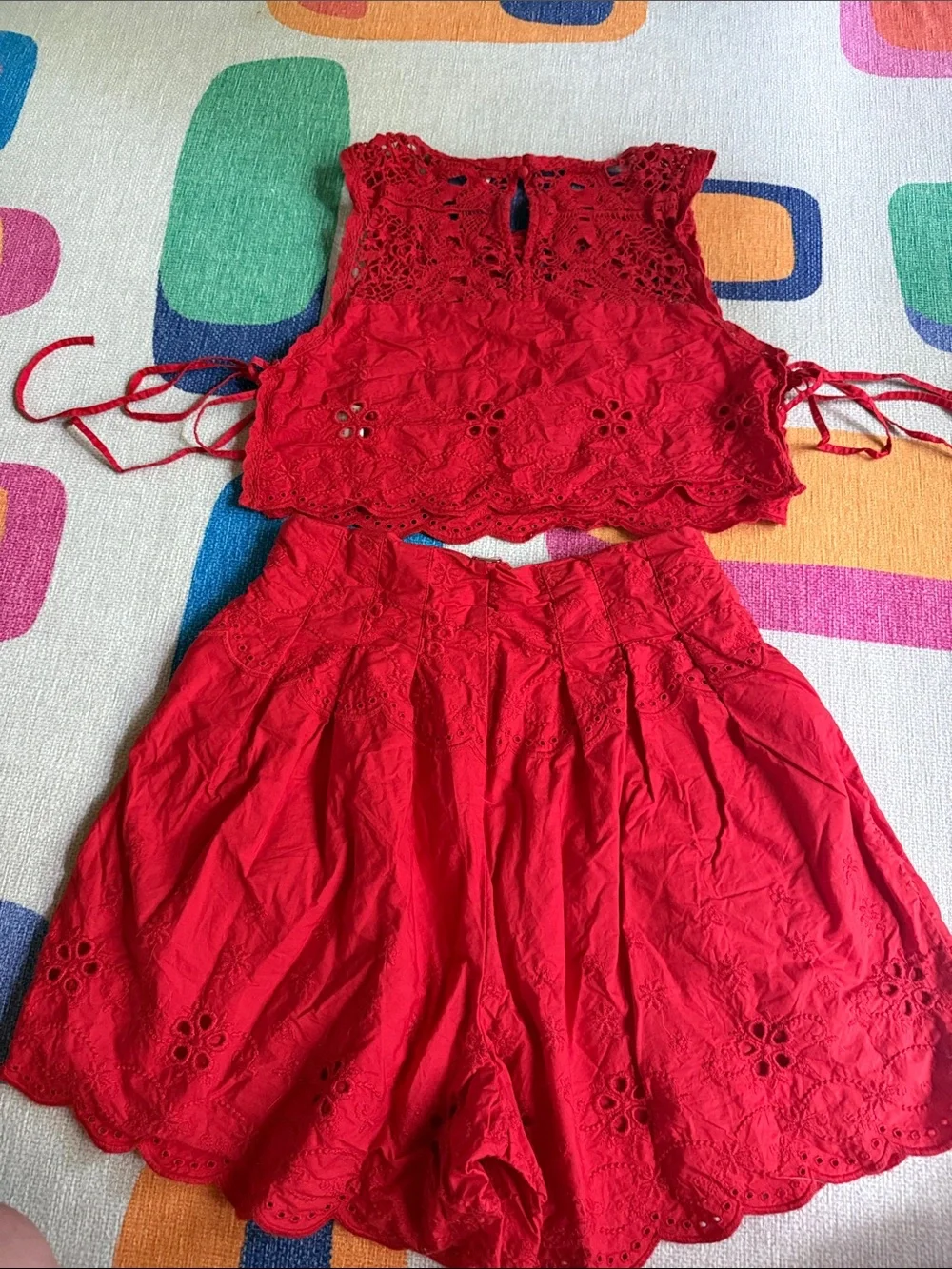 Free people 100% cotton Red Eyelet Two-Piece Crop Top & High-Waist Shorts Set